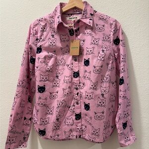 Boden Pink Cat Print Shirt